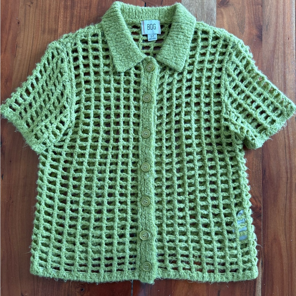 BDG For Urban Outfitters Open-Knit Short Sleeve Button Cardigan in Chartreuse - Picture 9 of 11